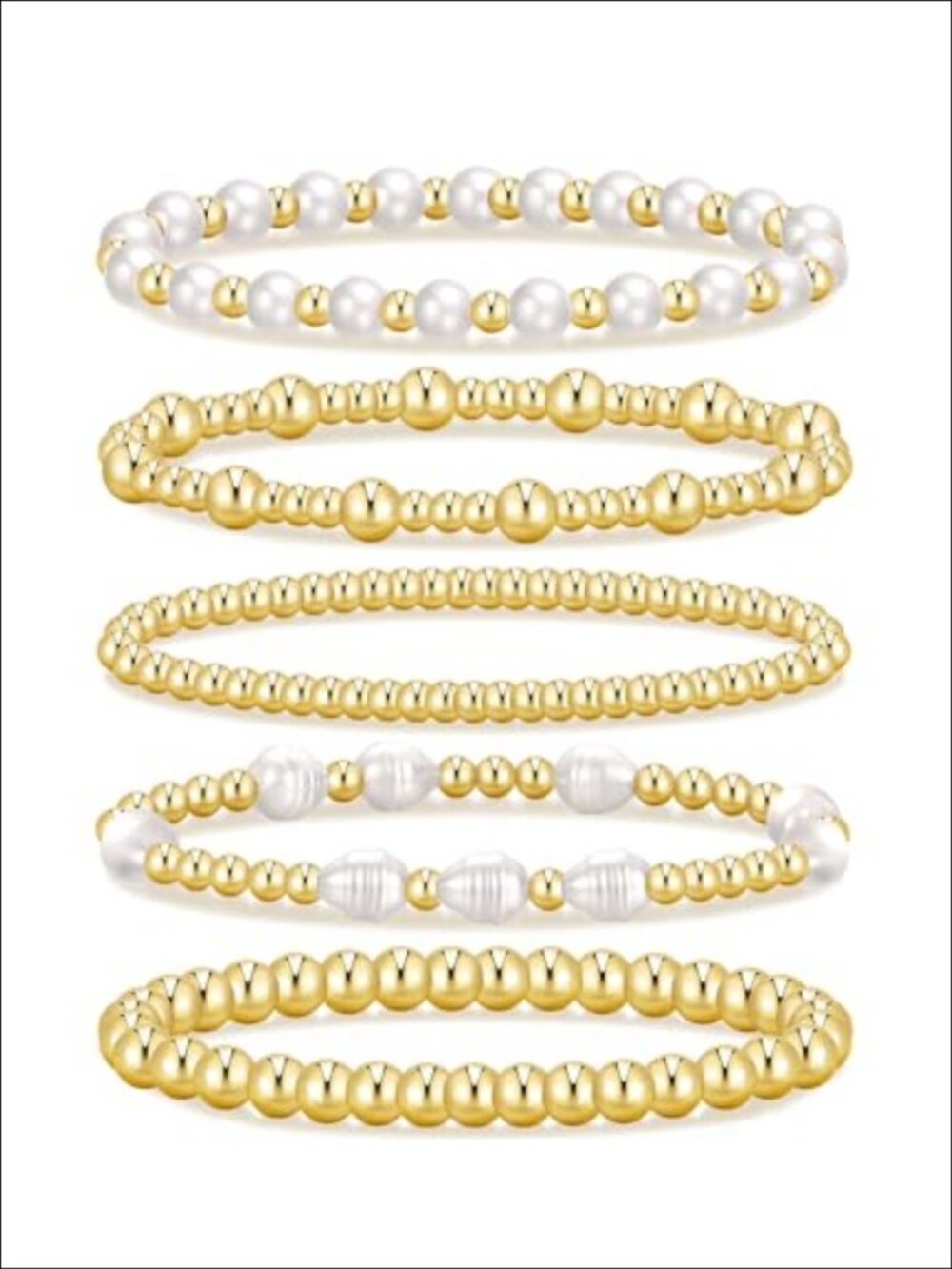 5PC 14K Gold Plated Beaded Bracelet Set Pearl Stretch Stackable